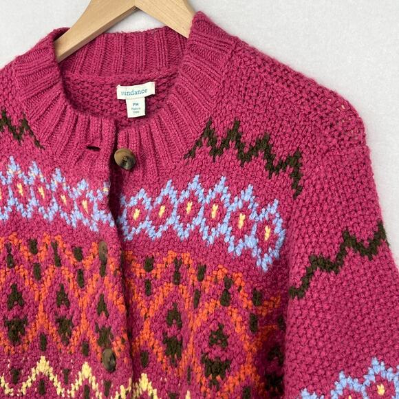 SUNDANCE Sweater PM Petite Fair Isle Thermal Cardigan Button Up Wool Blend Pink - Picture 6 of 16